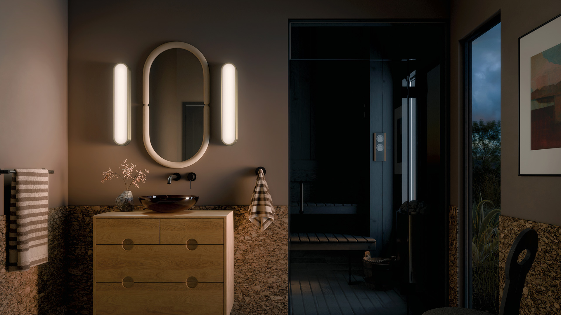 Luxury bathroom with Daines vanity lighting